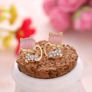 Pink Opal and Gold Rhinestone Cat Earrings